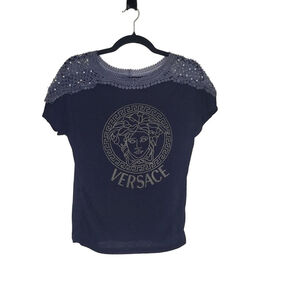 Women's Short Sleeve Tee S Navy Gray Medusa Logo Versace